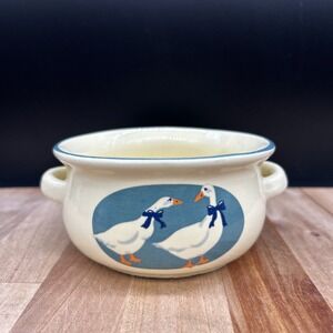 Vintage 1986 NCE Blue Goose Ceramic Double Handle Soup Bowl Crock